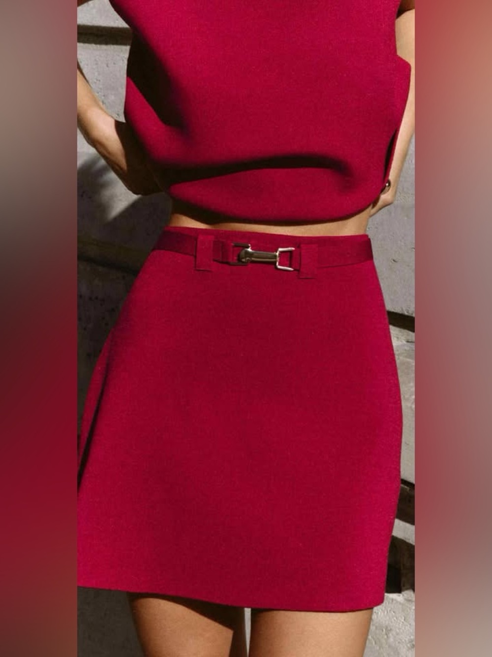 Zara Red Sleeveless Knit Crop Top & Belted Skirt Set - Picture 6 of 8